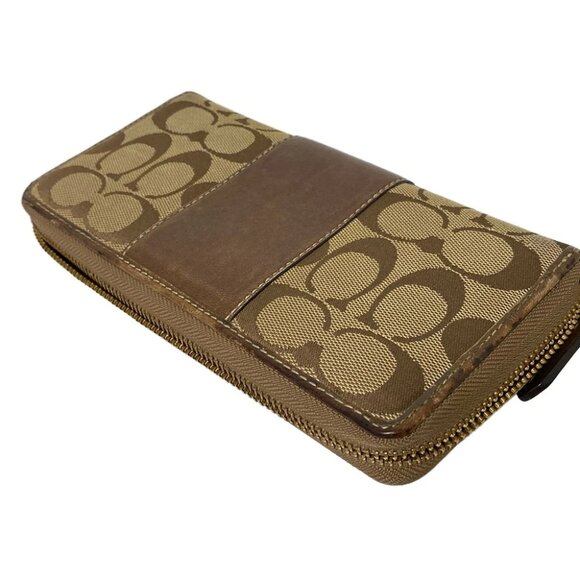 Auth COACH Signature - Khaki Dark Brown Jacquard Leather Long Wallet - Picture 3 of 10